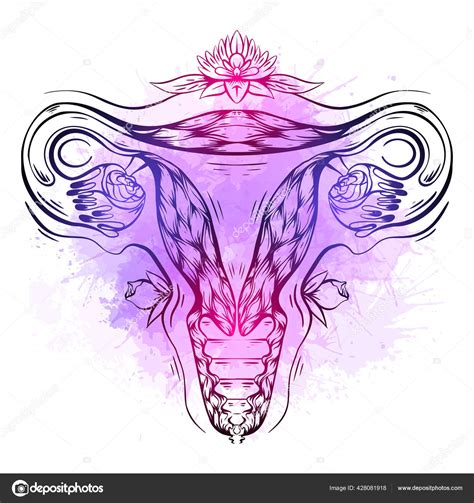 Contour Anatomical Sketch Uterus Flower Neon Watercolor Splashes