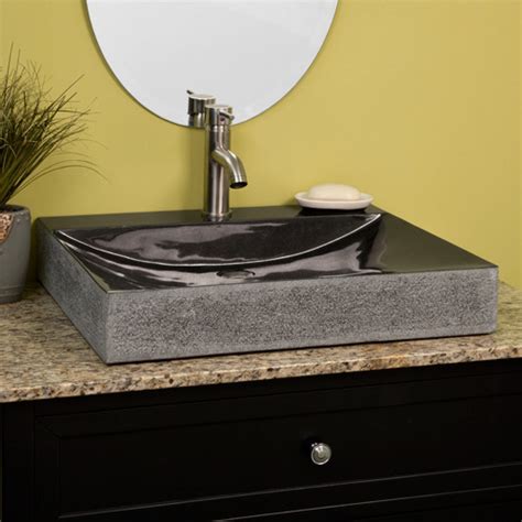 Rectangular Black Granite Vessel Sink Rough Exterior Natural Stone