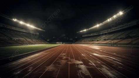 Stadium Full Of Athletes On The Track With Lights Background Athletics