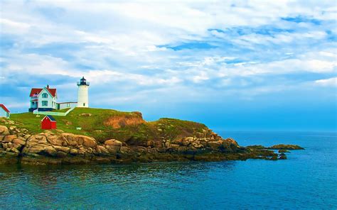 Lighthouse On York Beach Maine Nature Scenery Wallpaper Preview