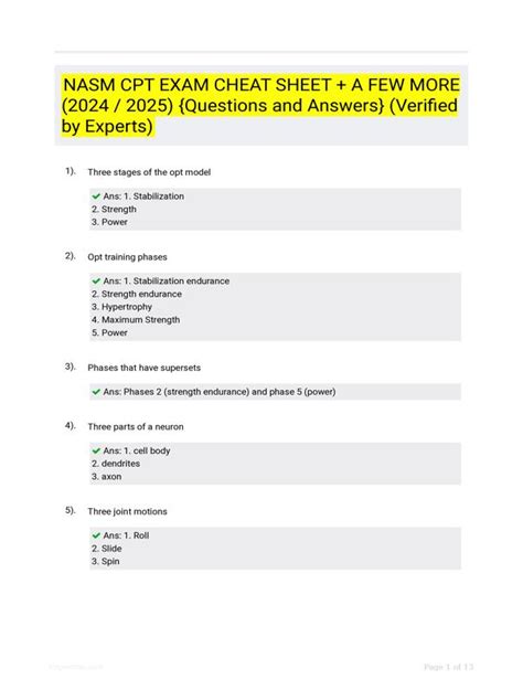 NASM CPT EXAM CHEAT SHEET A FEW MORE 2024 2025 Questions And