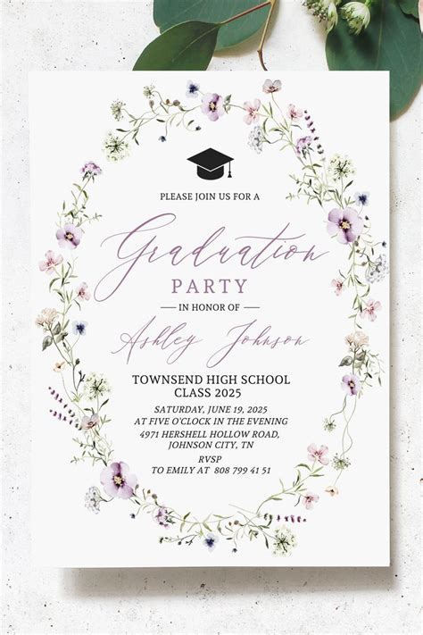 Pink Wildflower Photo Graduation Invitation Template Class 2023 Wildflower Graduation Party