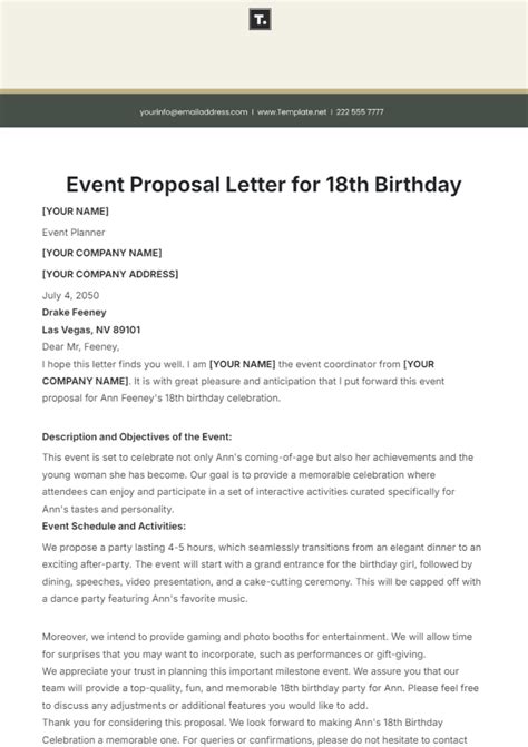 Free Event Proposal Letter For 18th Birthday Template To Edit Online