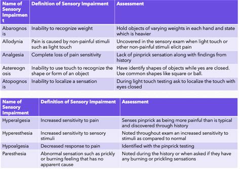 Sensory Exam Common Sensory Impairments Diagram Quizlet