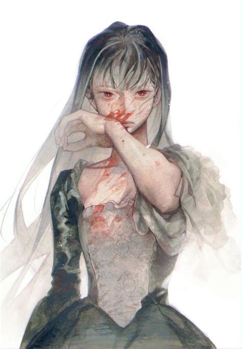 A Drawing Of A Woman With Blood On Her Face And Hands In Front Of Her Face