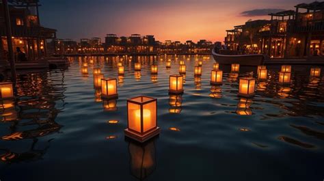 Premium AI Image | Lanterns floating in the water at night