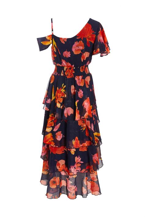 Navy Floral Drop Shoulder Tiered Midi Dress Quiz Clothing