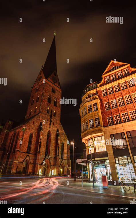 City View Of Hamburg Downtown At Night View Of St Petri Church And