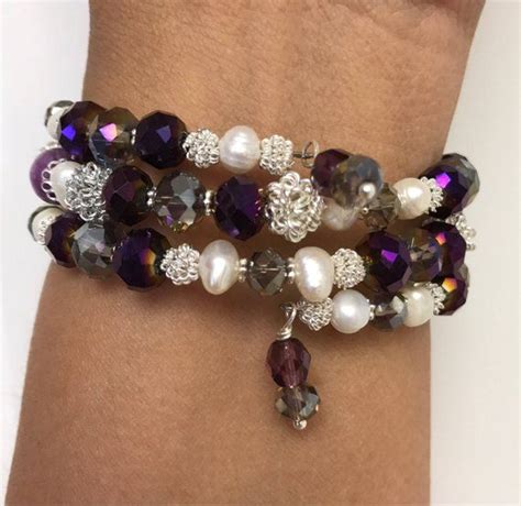 Purple Crystals Bracelets, Natural Pearl Bracelets, Memory Wire ...