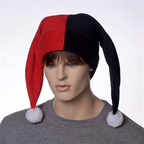 Black And Red Harlequin Hat With White Pompom Fleece Costume Jester Cap