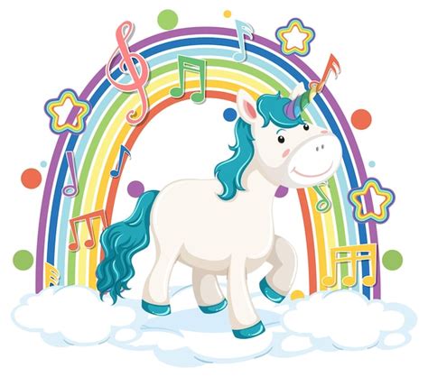 Free Vector Unicorn Standing On Cloud With Rainbow And Melody Symbol