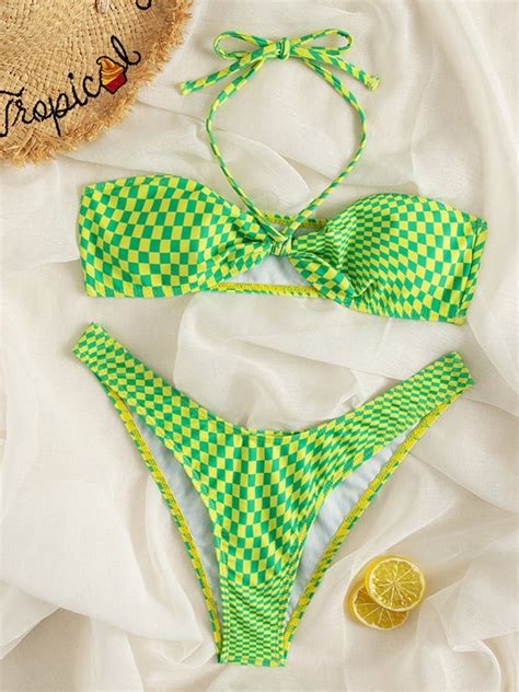 Emmiol Kostenloser Versand Kariertes Neckholder Bikini Set Gr N M