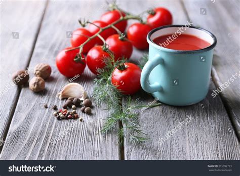 Homemade Tomato Juice In Color Mug Spices And Fresh Tomatoes On Wooden Background Ad