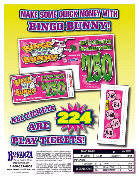 Bingo Bunny 224ct Daub Game Pull Tabs Youngcollc