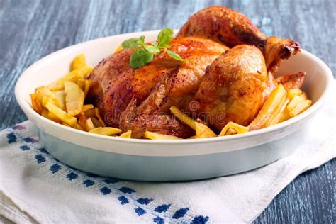 Roast Chicken And Potato Chips Stock Image Image Of Baked Dinner