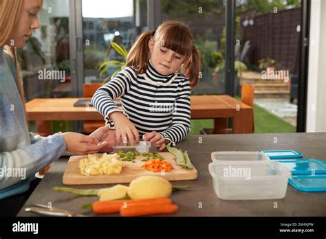 Girls Storing Vegetables In Plastic Containers At Home Stock Photo Alamy