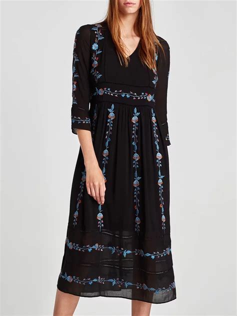 Black V Neck Embroidery Detail Lace Panel Long Sleeve Midi Dress Long