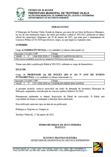 Errata N Retifica Edital N Prefeitura Municipal De