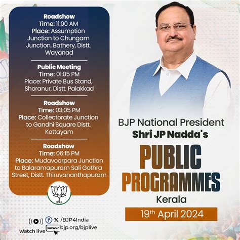 BJP National President Shri JP Nadda S Public Programmes In Kerala On