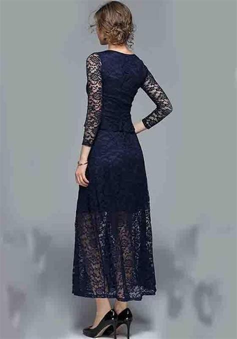 Dark Blue Patchwork Lace False 2 In 1 Round Neck Midi Dress Dresses