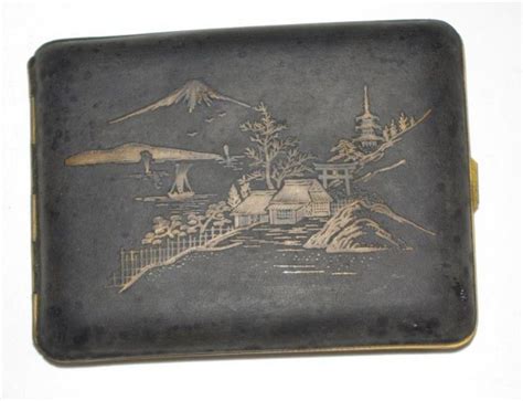 Japanese Damascene Cigarette Case With Mount Fuji Design Smoking