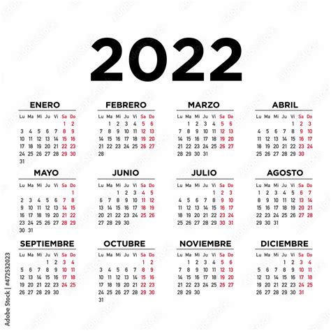 Calendario 2022 español Semana comienza el lunes vector de Stock