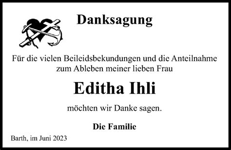 Traueranzeigen Von Editha Ihli Trauer Anzeigen De