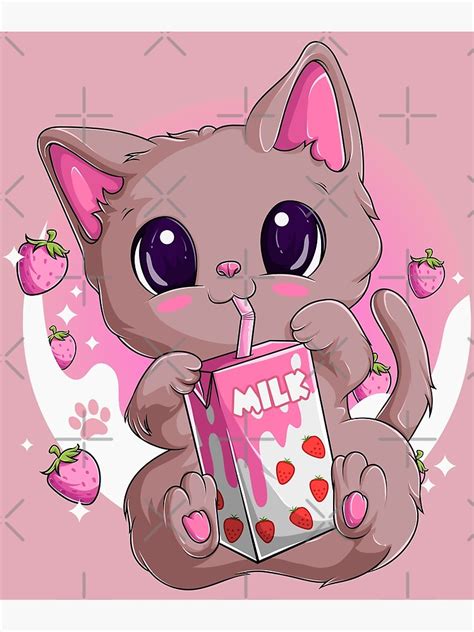 Kawaii Cat Strawberry Milk Poster For Sale By Poppinshirt Redbubble