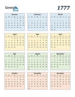 1777 Calendar (PDF, Word, Excel)