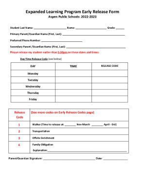 Fillable Online Expanded Learning Program Early Release Form Fax Email