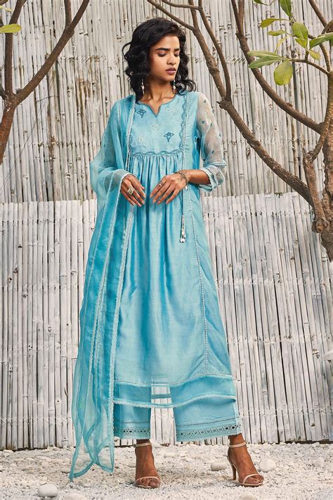 Buy Blue Kurta Chanderi Hand Embroidered And Gathered Palazzo Set For