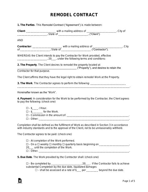 Free Remodeling Contract Template Pdf Word Eforms