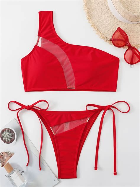 Contrast Mesh Tie Side Bikini Swimsuit Shein Usa