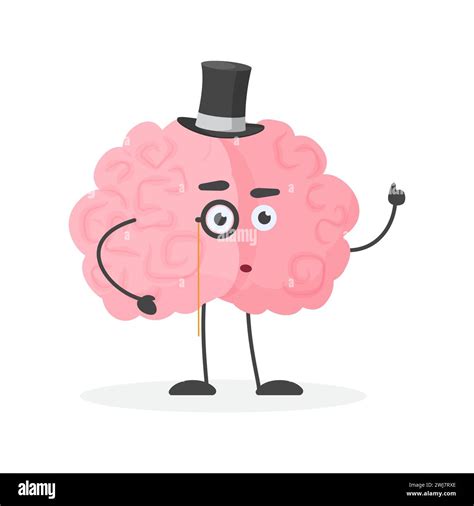 Cute Funny Smart Human Brain Character Wearing Gentleman Top Hat And Glasses Vector Illustration