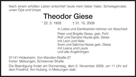 Traueranzeigen Von Theodor Giese Trauer HNA De