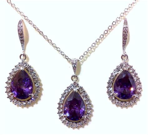 Purple Bridal Jewelry Set Cz Dangle Bridal Earrings Teardrop Etsy