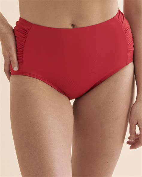 Jantzen Solid Shirred Side High Waist Bikini Bottom Red Bikini Village