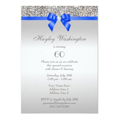 60th Birthday Silver Sequin Royal Blue Bow Diamond Invitation Zazzle