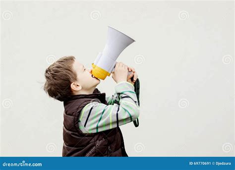 Little Boy Screaming Through A Megaphone Stock Image Image Of