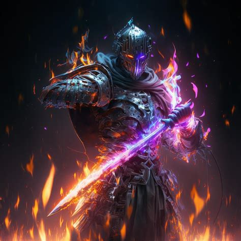 Premium Ai Image Fantasy Warrior With Sword In Flame