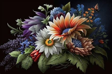 Premium AI Image | A painting of flowers with a black background
