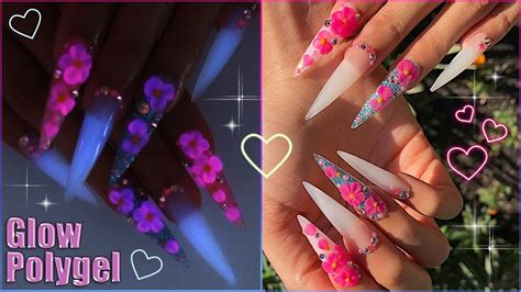 Glow In The Dark Polygel Stiletto Nails Quick And Easy Method Diy 3d Flowers And Bling Youtube