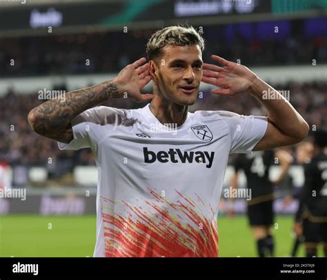 West Ham Uniteds Gianluca Scamacca Celebrates His Goal During The Uefa Europa Conference League