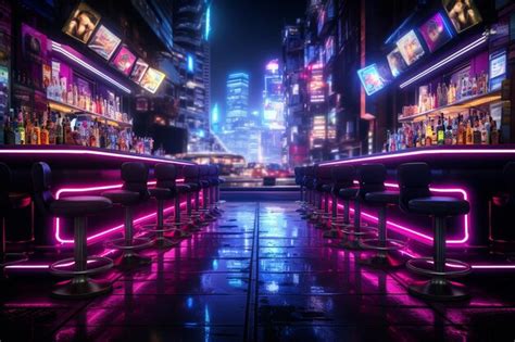 Premium Photo | Bar stools in cyberpunk bar in cyberpunk city neons cybercity background ...