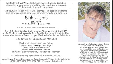 Traueranzeige Von Erika Heis Vom 22 03 2023 Tiroler Tageszeitung