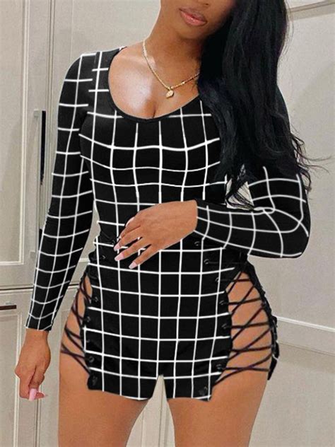 Lovely Sweet Plaid Print Bandage Hollow Out Design Black One Piece