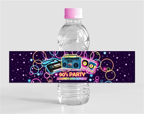 90s Party Water Bottle Label 40th Birthday Decor 80s Retro Back 1990s Throwback Neon Glow Disco