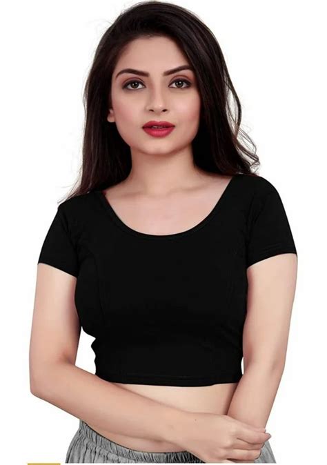 Women S Short Sleeve Cotton Lycra Readymade Blouse Black Free Size