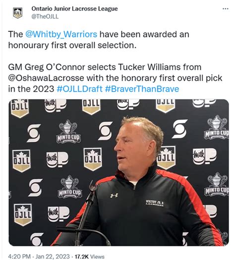 News Tucker Williams Drafted First Overall In Honourary First Pick