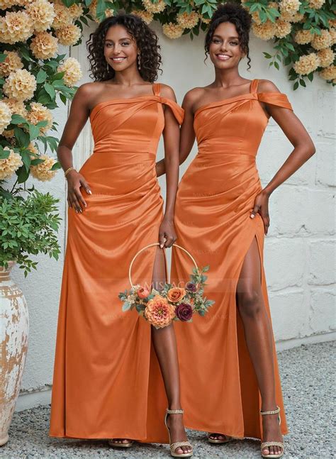 Unique One Shoulder Ruched Waist Satin Bridesmaid Dresses With Split
